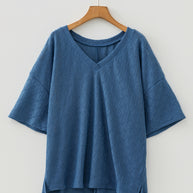Black Pointelle Rhombus Knit Plus Size V Neck Loose Top