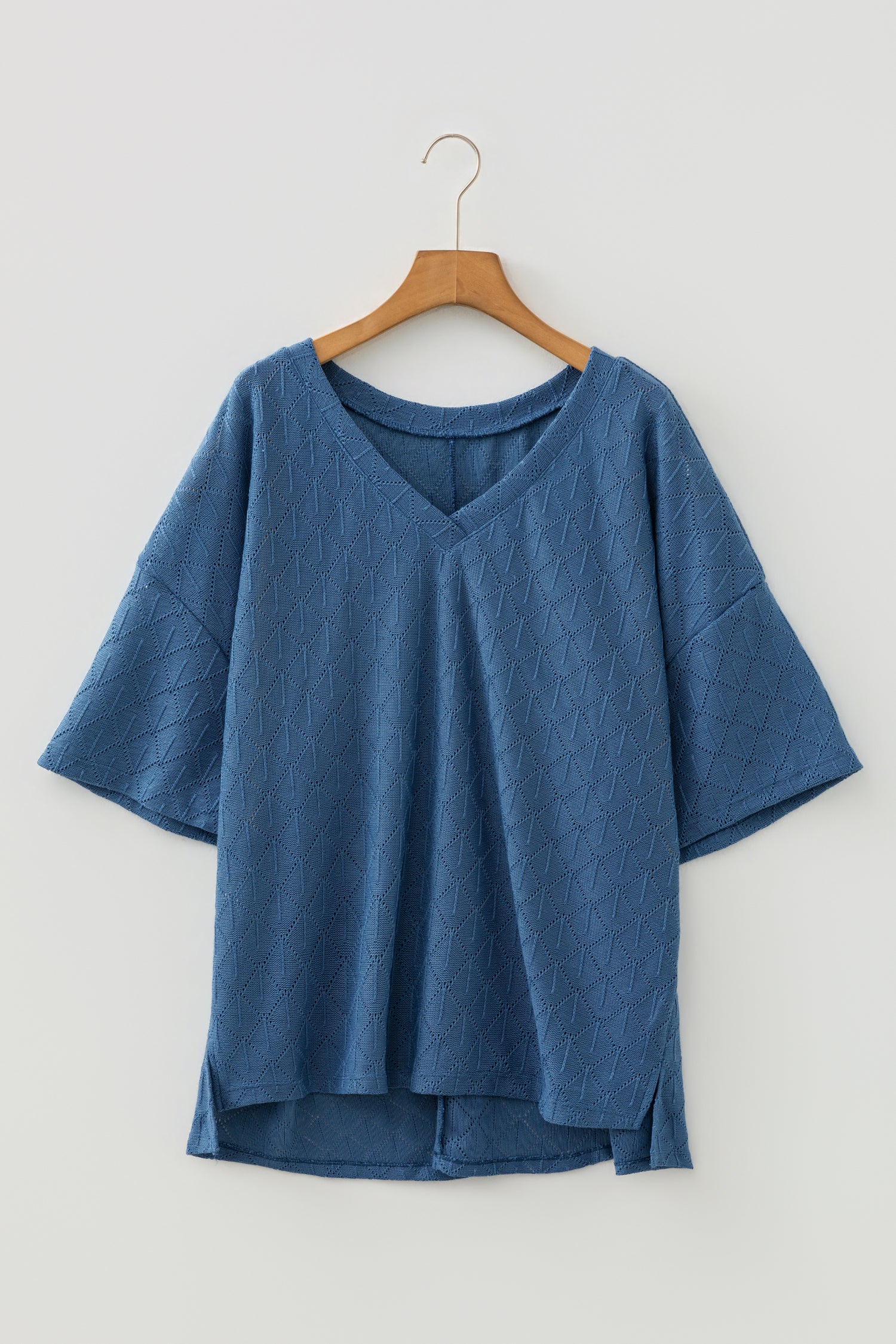 Black Pointelle Rhombus Knit Plus Size V Neck Loose Top
