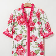Rose Plus Size Floral Print Frill Neck Short Sleeve Blouse