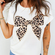 Black Leopard Bow Embroidered Cotton Round Neck T Shirt