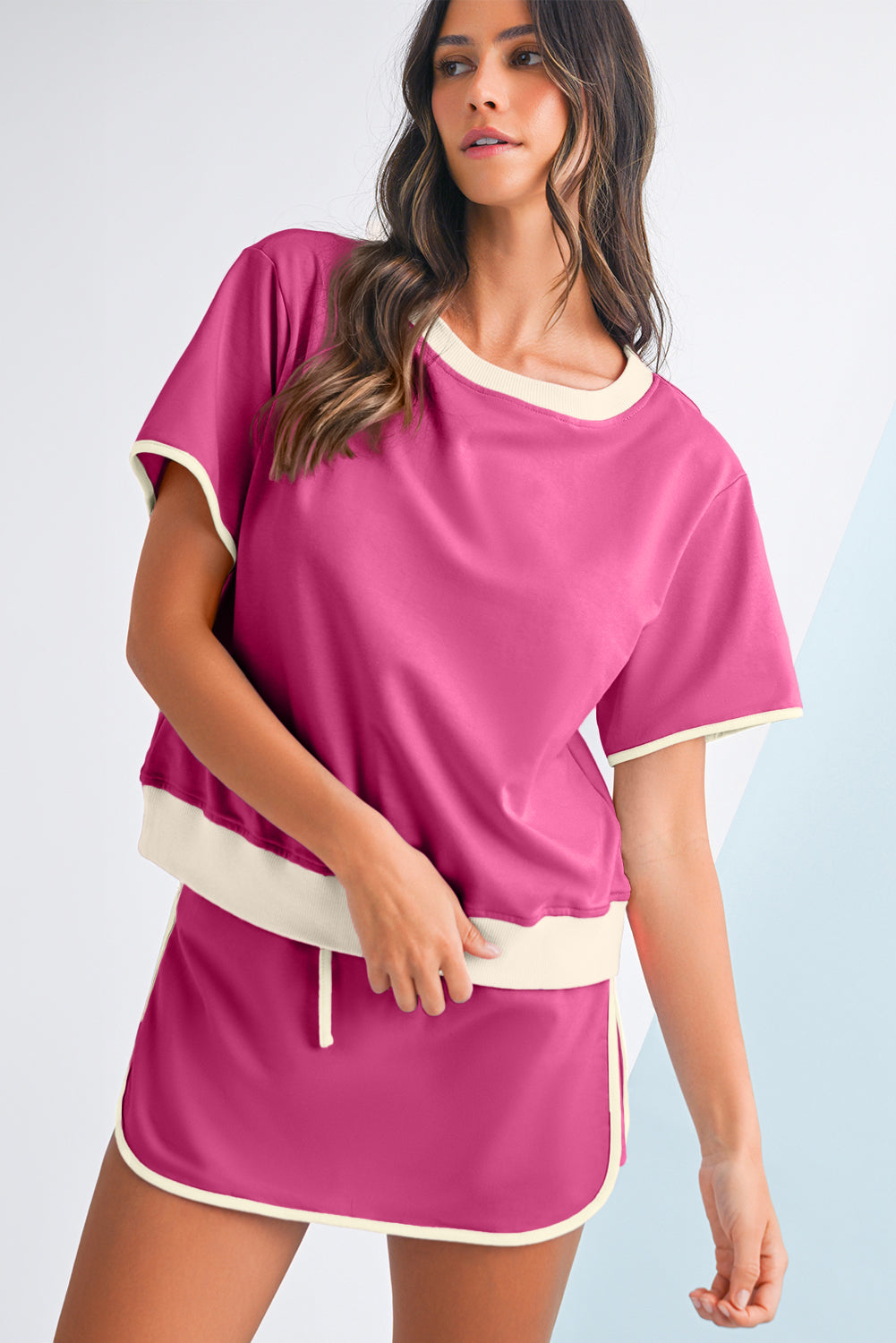 Bonbon Colorblock Edge Drop Shoulder T Shirt and Skort 2Pcs Set