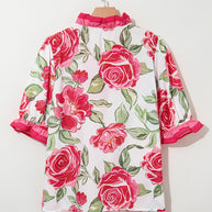 Rose Plus Size Floral Print Frill Neck Short Sleeve Blouse