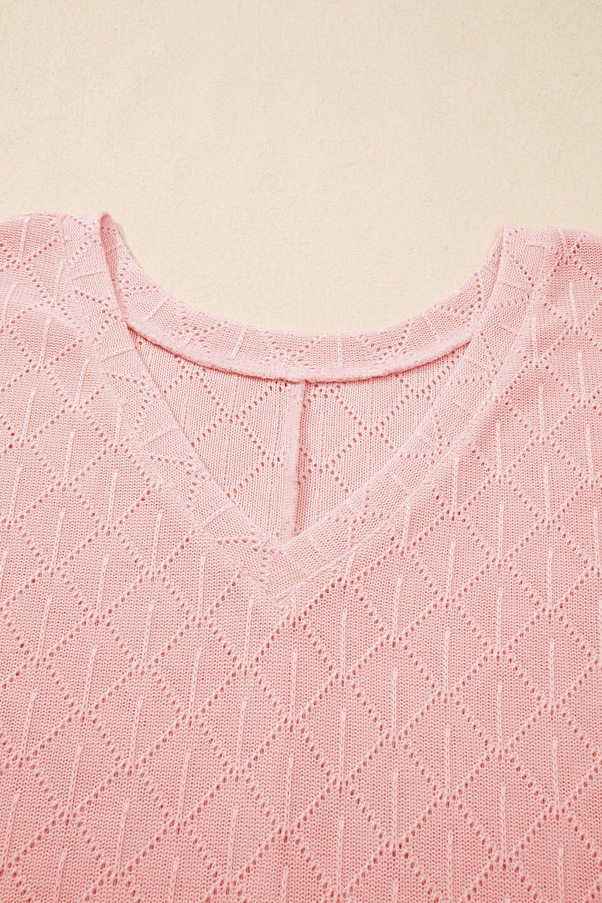 Black Pointelle Rhombus Knit Plus Size V Neck Loose Top