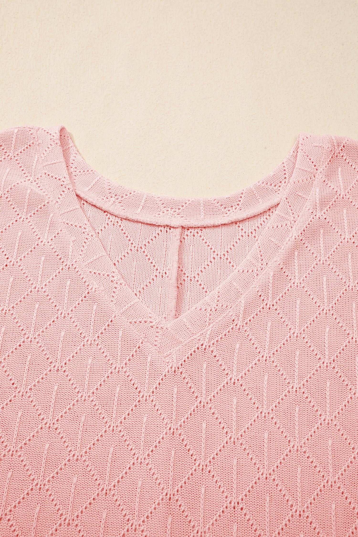 Black Pointelle Rhombus Knit Plus Size V Neck Loose Top
