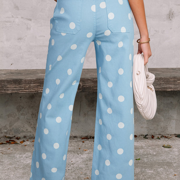 Sky Blue Polka Dot Print Raw Hem Shift Jeans