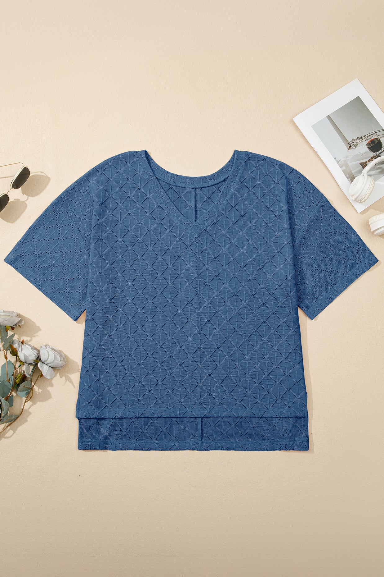 Black Pointelle Rhombus Knit Plus Size V Neck Loose Top