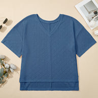 Black Pointelle Rhombus Knit Plus Size V Neck Loose Top