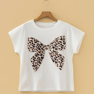 Black Leopard Bow Embroidered Cotton Round Neck T Shirt