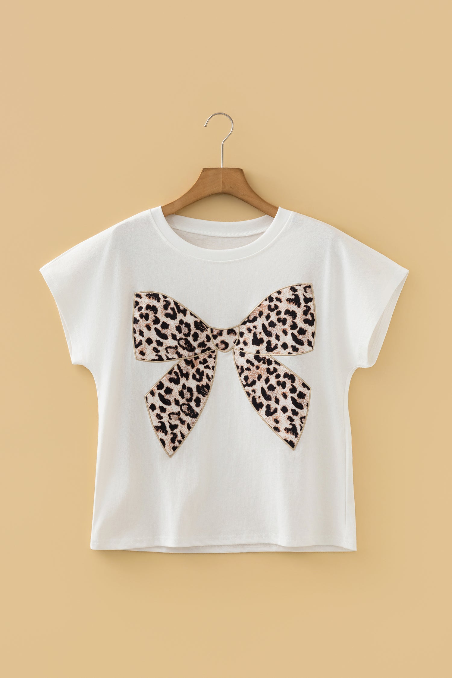 Black Leopard Bow Embroidered Cotton Round Neck T Shirt