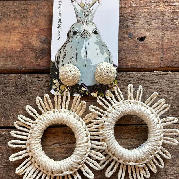 Cream Colored Raffia Sunburst Drop Earrings