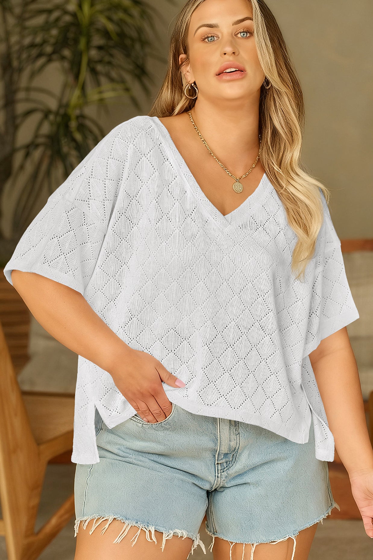 Black Pointelle Rhombus Knit Plus Size V Neck Loose Top