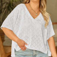 Black Pointelle Rhombus Knit Plus Size V Neck Loose Top