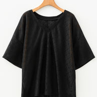 Black Pointelle Rhombus Knit Plus Size V Neck Loose Top