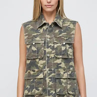 Green Camouflage Print Button Cargo Pocket Button Down Denim Vest