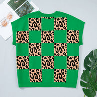 Green Plus Size Leopard Contrasted Checkered Short Sleeve Sweater