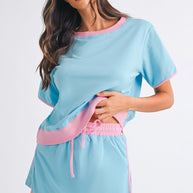 Bonbon Colorblock Edge Drop Shoulder T Shirt and Skort 2Pcs Set