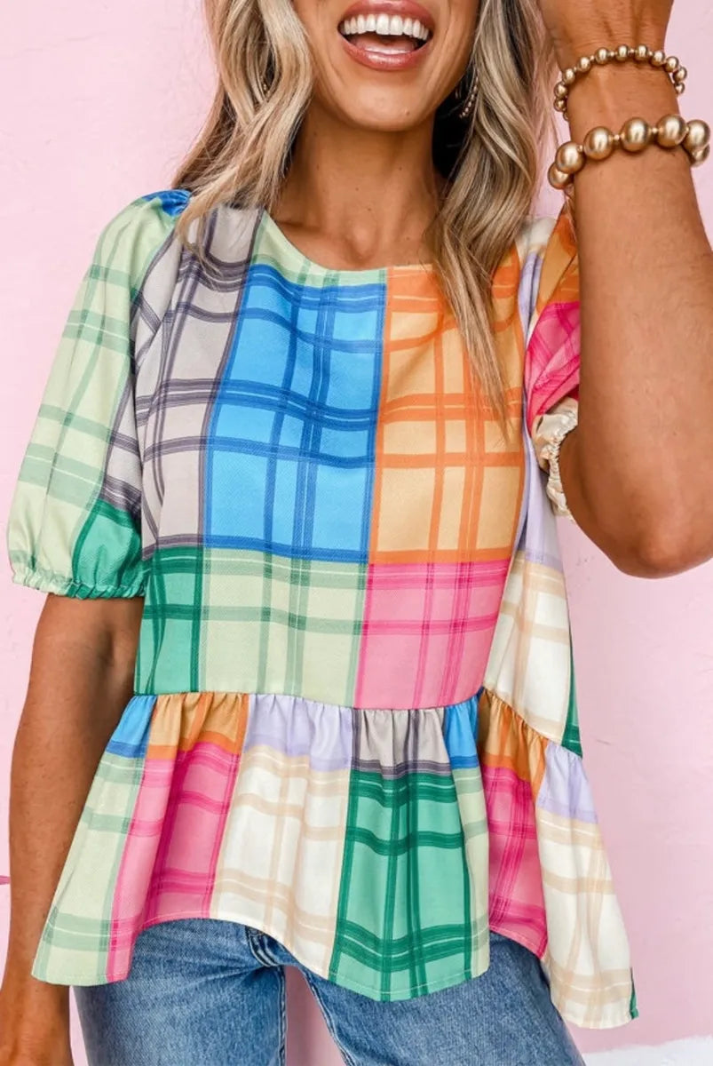 Colorful Plaid Patch Top