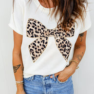 Black Leopard Bow Embroidered Cotton Round Neck T Shirt