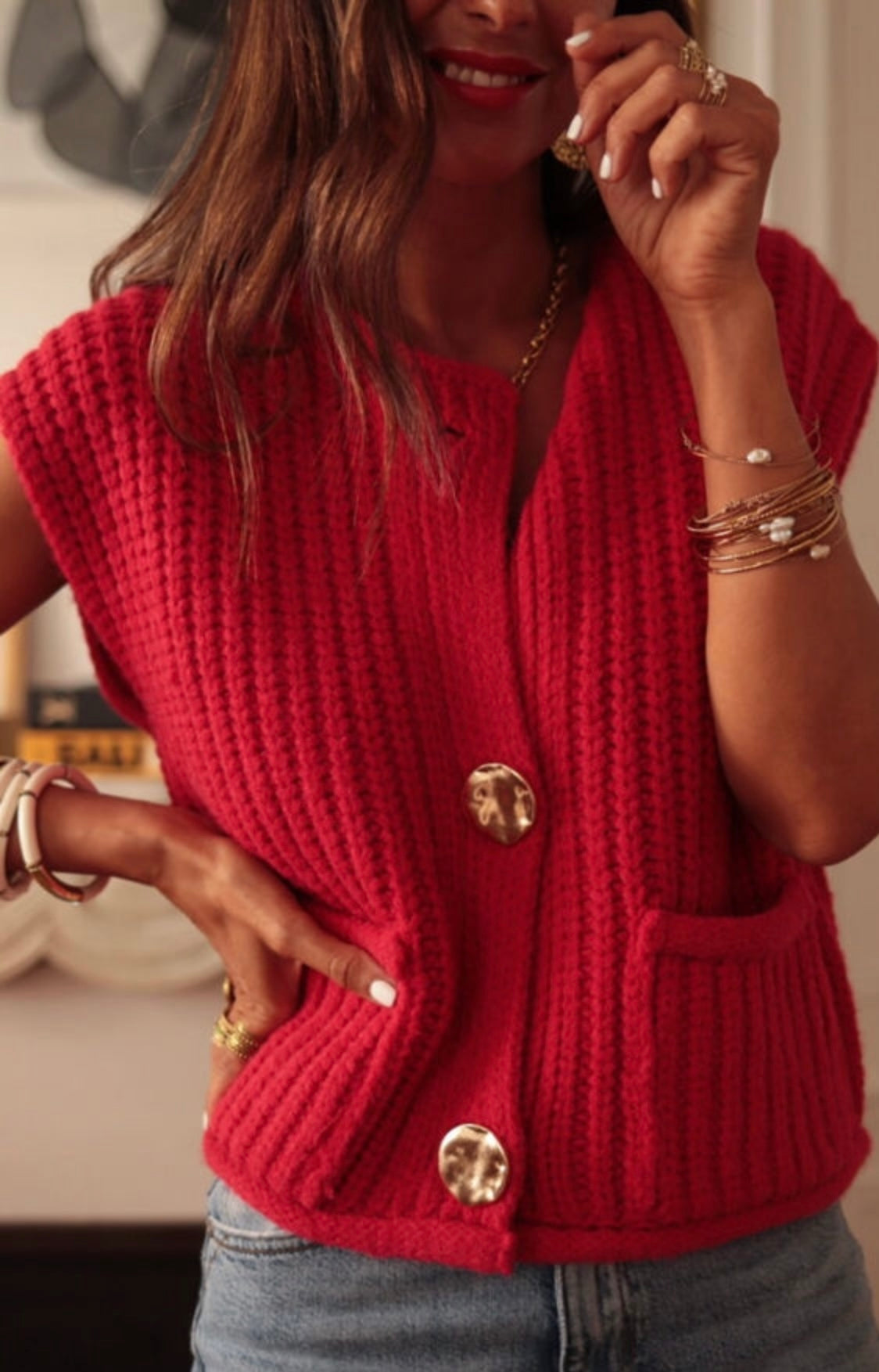 Button Down Side Pockets Sweater Vest