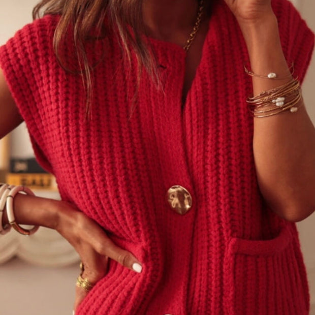 Button Down Side Pockets Sweater Vest