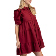Tiered Button Down Dress With Puffed Sleeves and Raw Hem