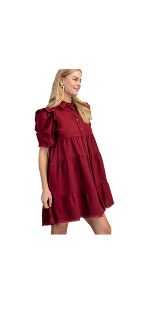 Tiered Button Down Dress With Puffed Sleeves and Raw Hem