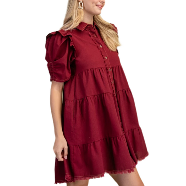 Tiered Button Down Dress With Puffed Sleeves and Raw Hem