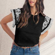 Black Floral Patchwork Flutter Sleeve Blouse