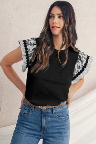 Black Floral Patchwork Flutter Sleeve Blouse