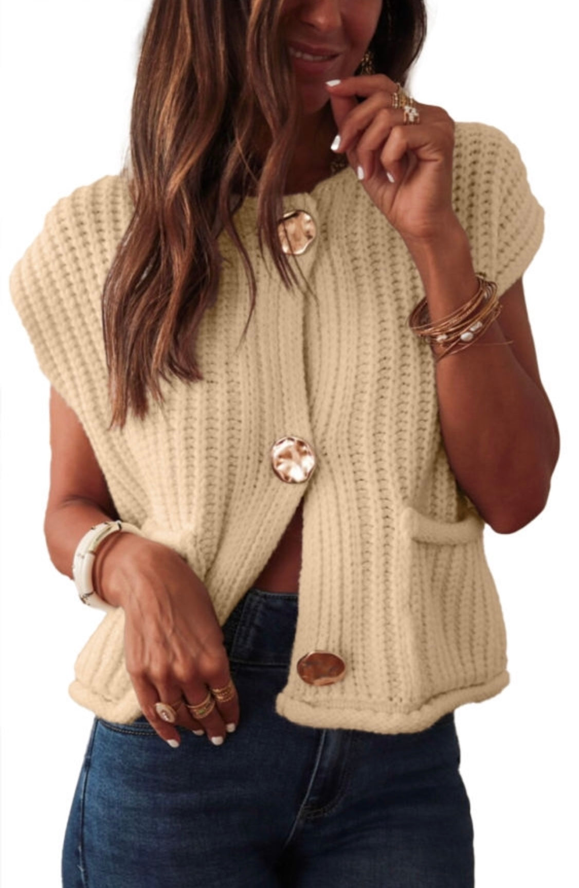 Button Down Side Pockets Sweater Vest