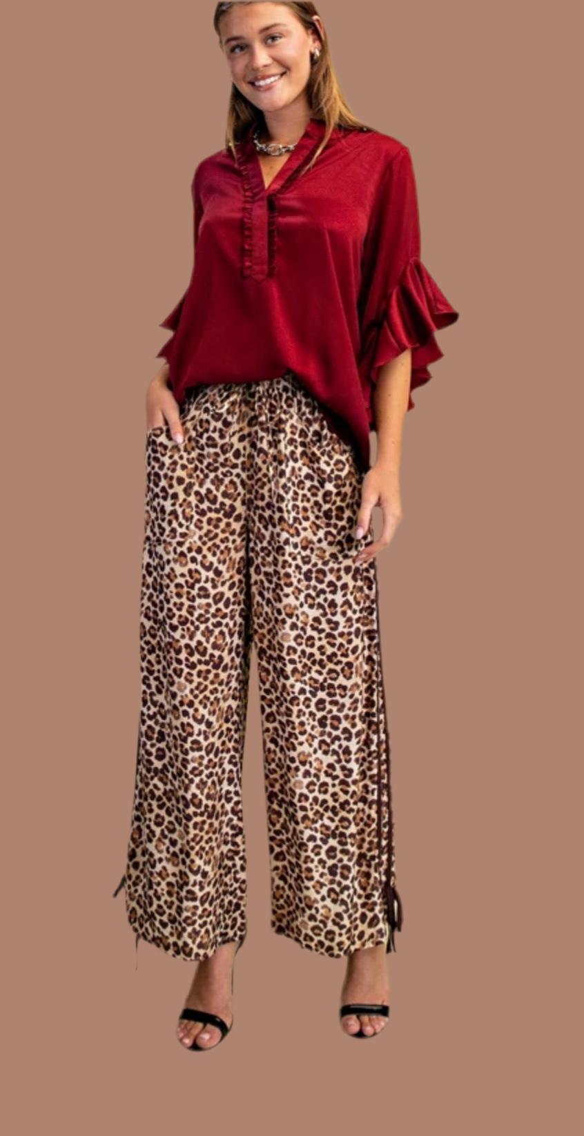 Leopard Print Relaxed Fit Pants with Contrasting Stripes Down the Side and Tie at the Hem