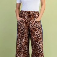 Leopard Print Relaxed Fit Pants with Contrasting Stripes Down the Side and Tie at the Hem