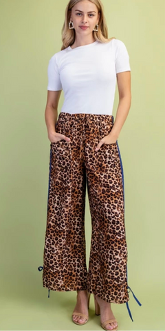 Leopard Print Relaxed Fit Pants with Contrasting Stripes Down the Side and Tie at the Hem