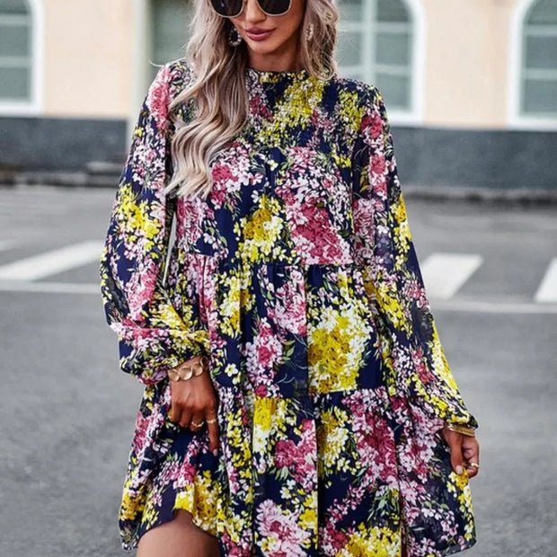Floral High Neck Smocked Ruffle Midi Dress
