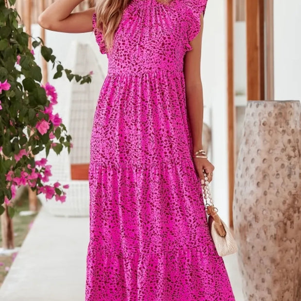 Pink Leopard Long Ruffle Dress