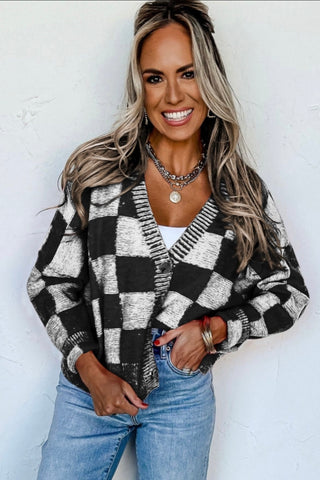 Black Checkered V-Neck Cardigan
