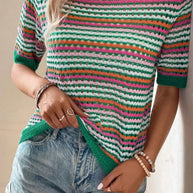 Green Trimmed Striped Knit Summer Sweater