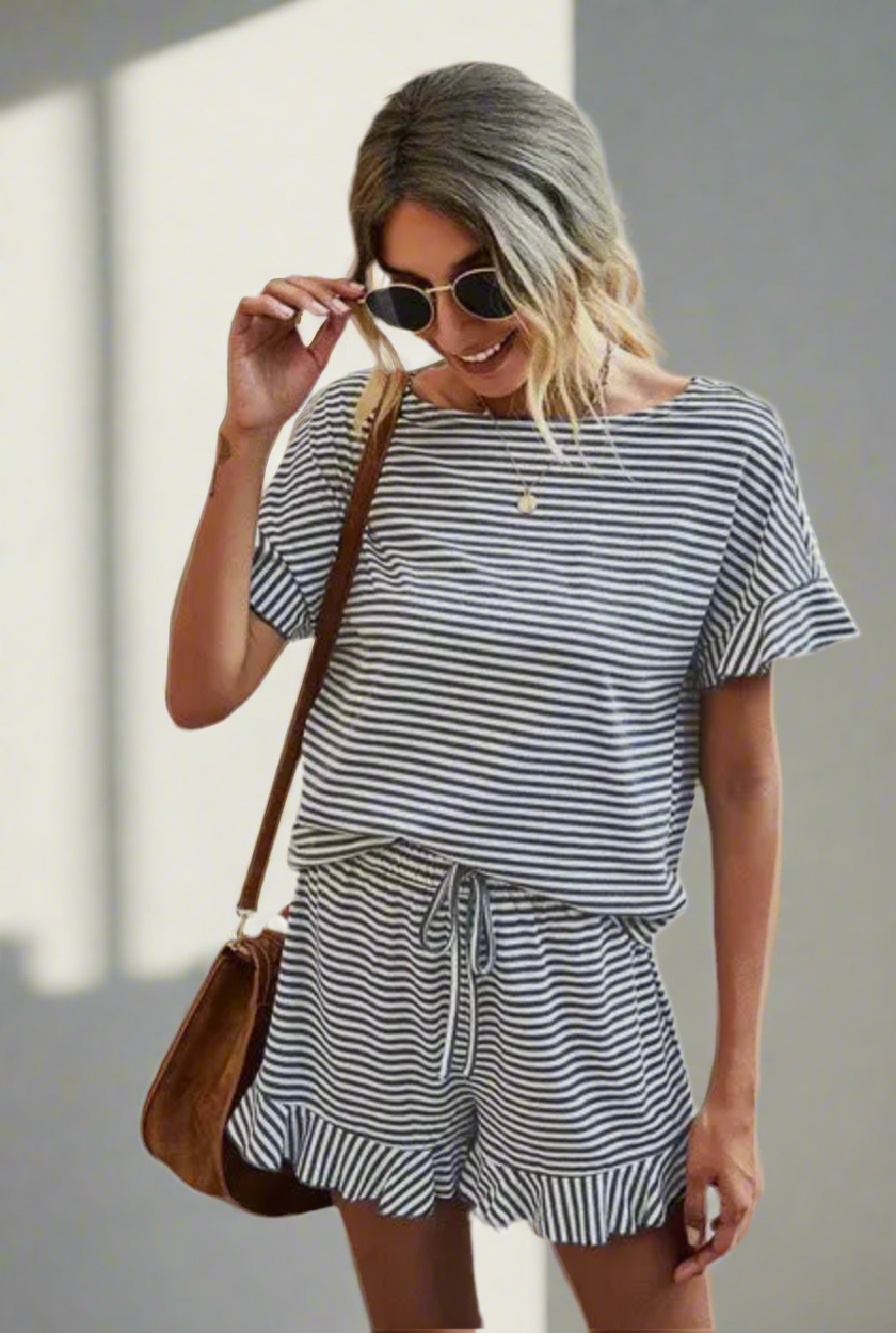 Round Neck Grey Striped Short-Set