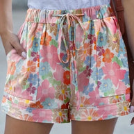 Pink Pockets Lace-up Elastic Waist Floral Shorts