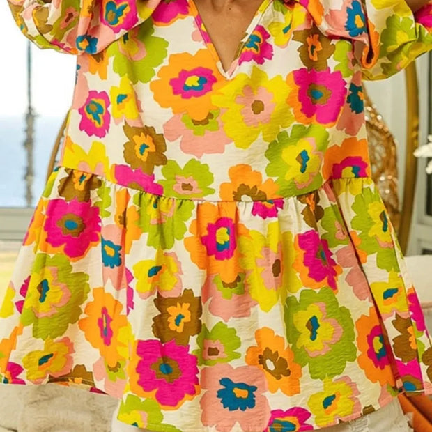 Floral Print Puff Sleeve Peplum Top