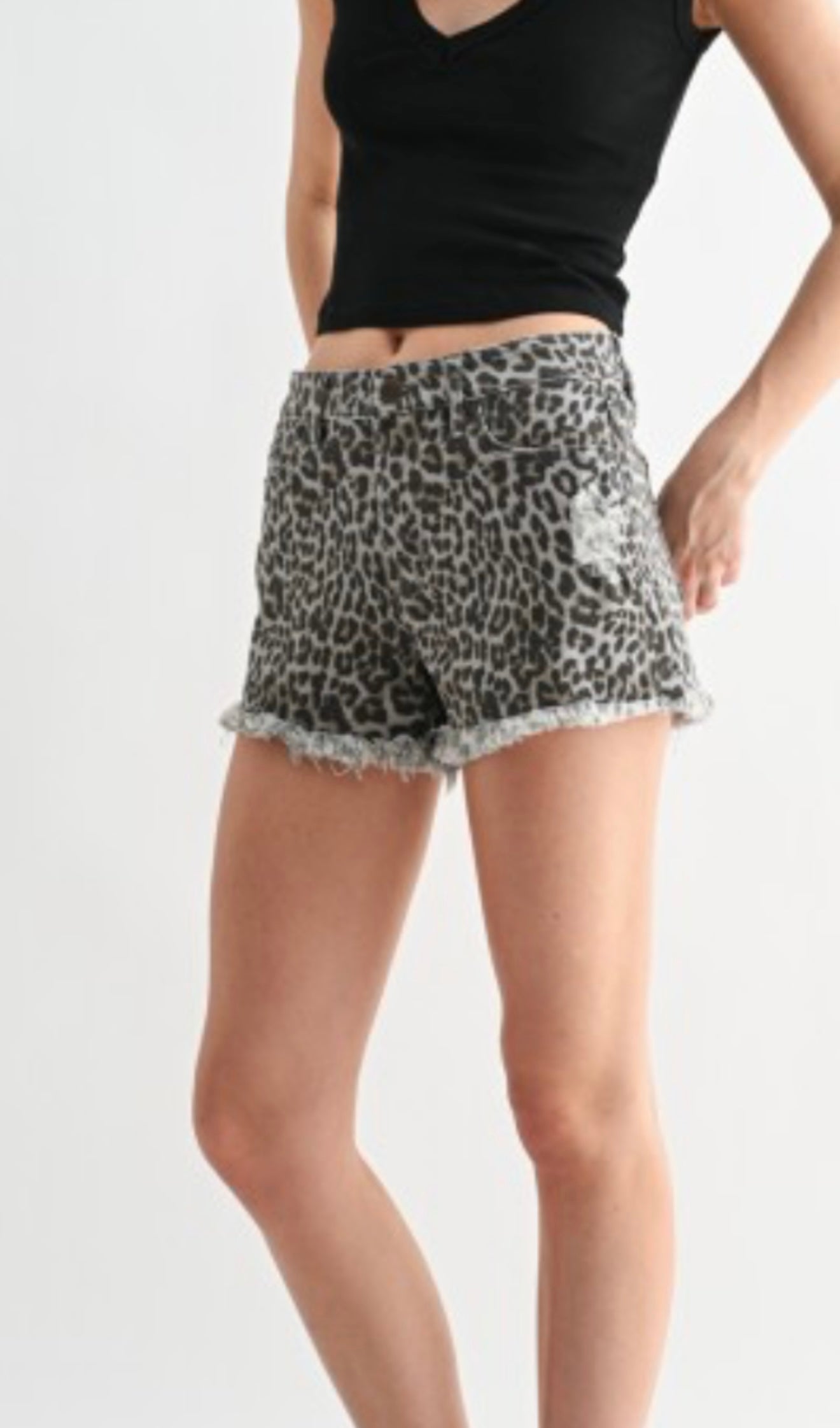 Wild Side Leopard Raw Hem Shorts by Mica Denim