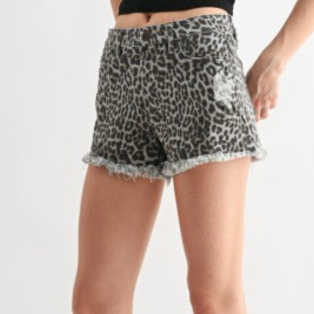 Wild Side Leopard Raw Hem Shorts by Mica Denim