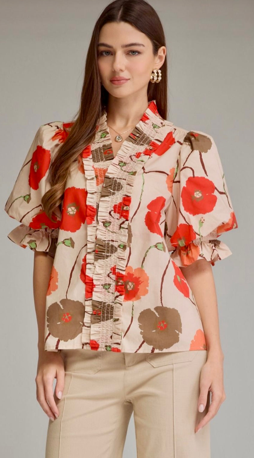 Poppy Bloom Ruffle Front Blouse