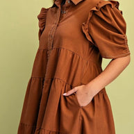 Tiered Button Down Dress With Puffed Sleeves and Raw Hem