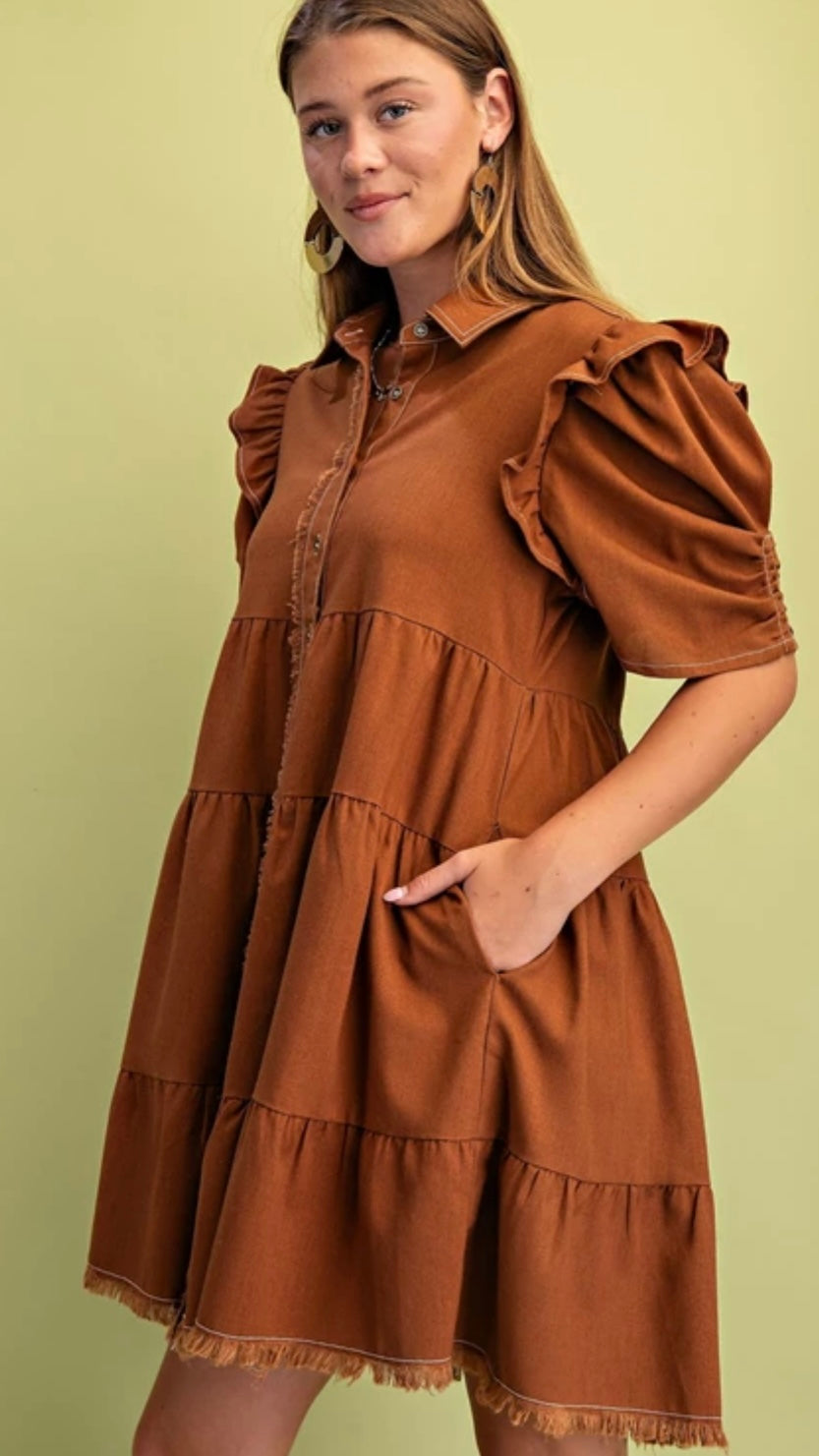 Tiered Button Down Dress With Puffed Sleeves and Raw Hem