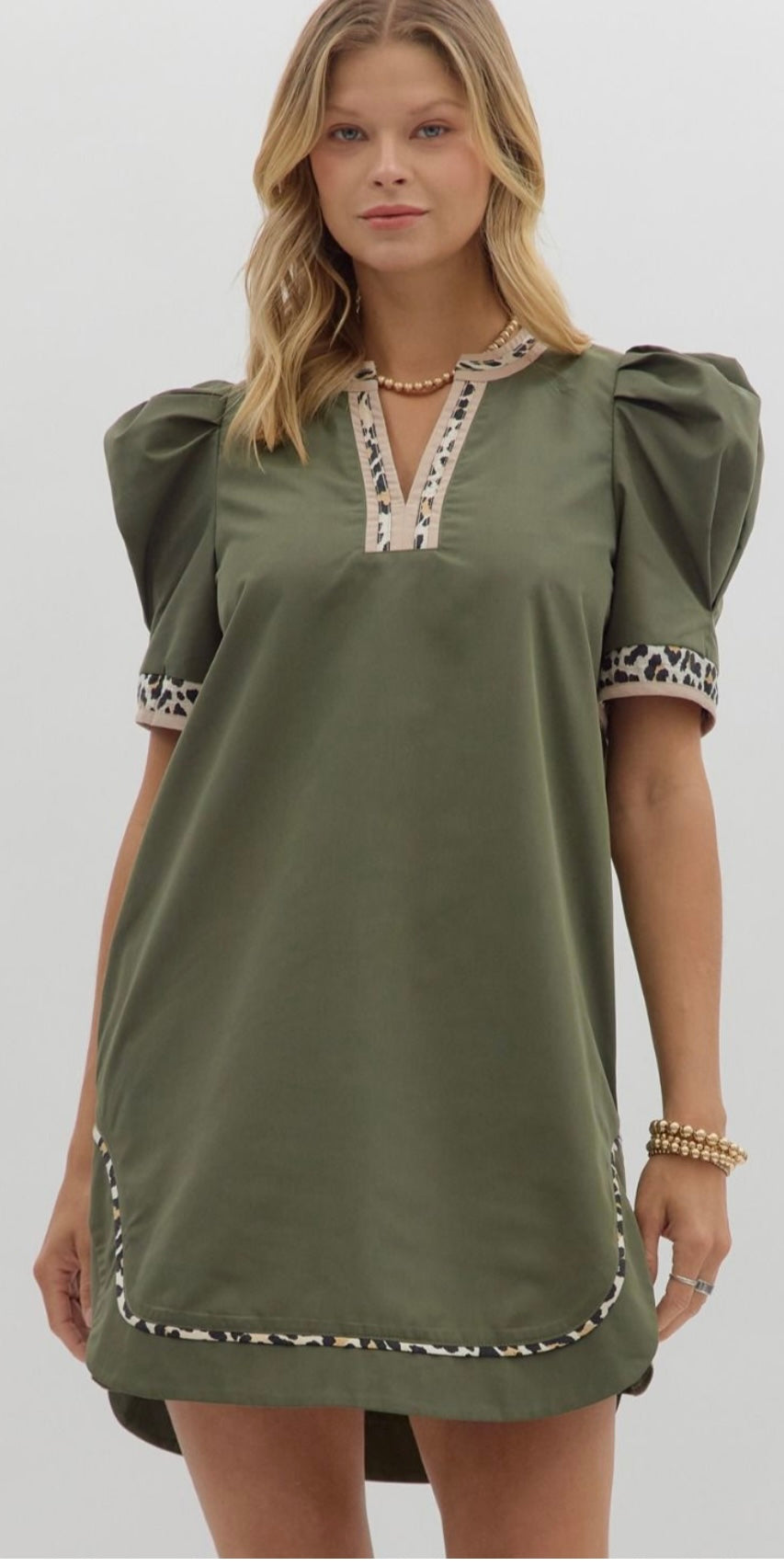 Olive Leopard Trim Dress by Entro