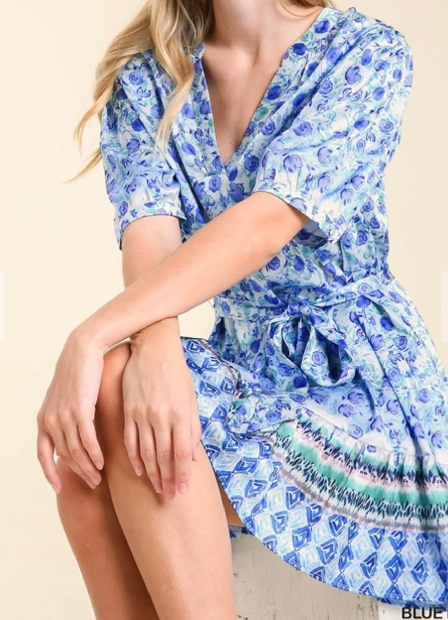 Umgee Satin Floral Dress With Puff Sleeves