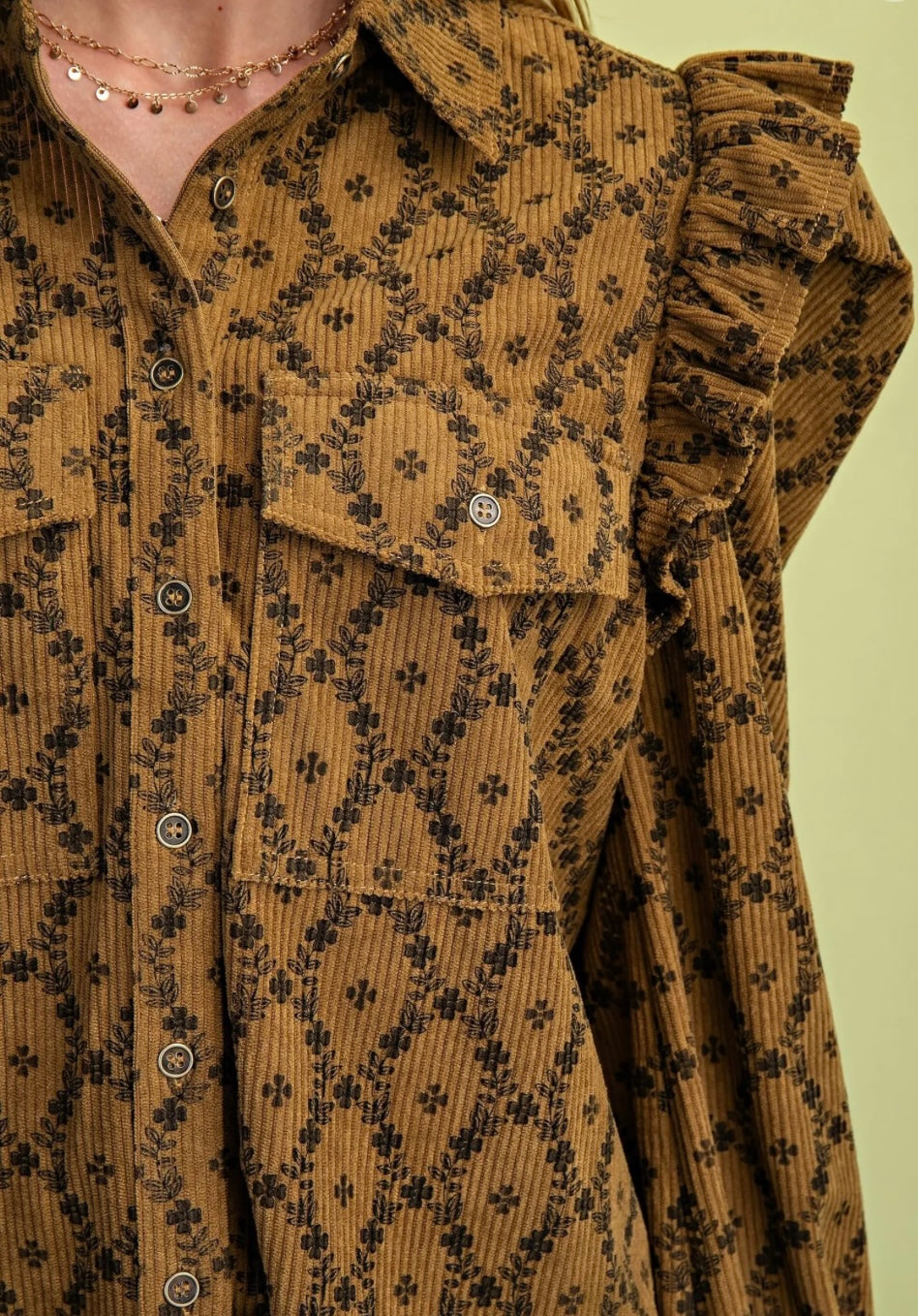 Autumn Ember Ruffle Corduroy Button Down
