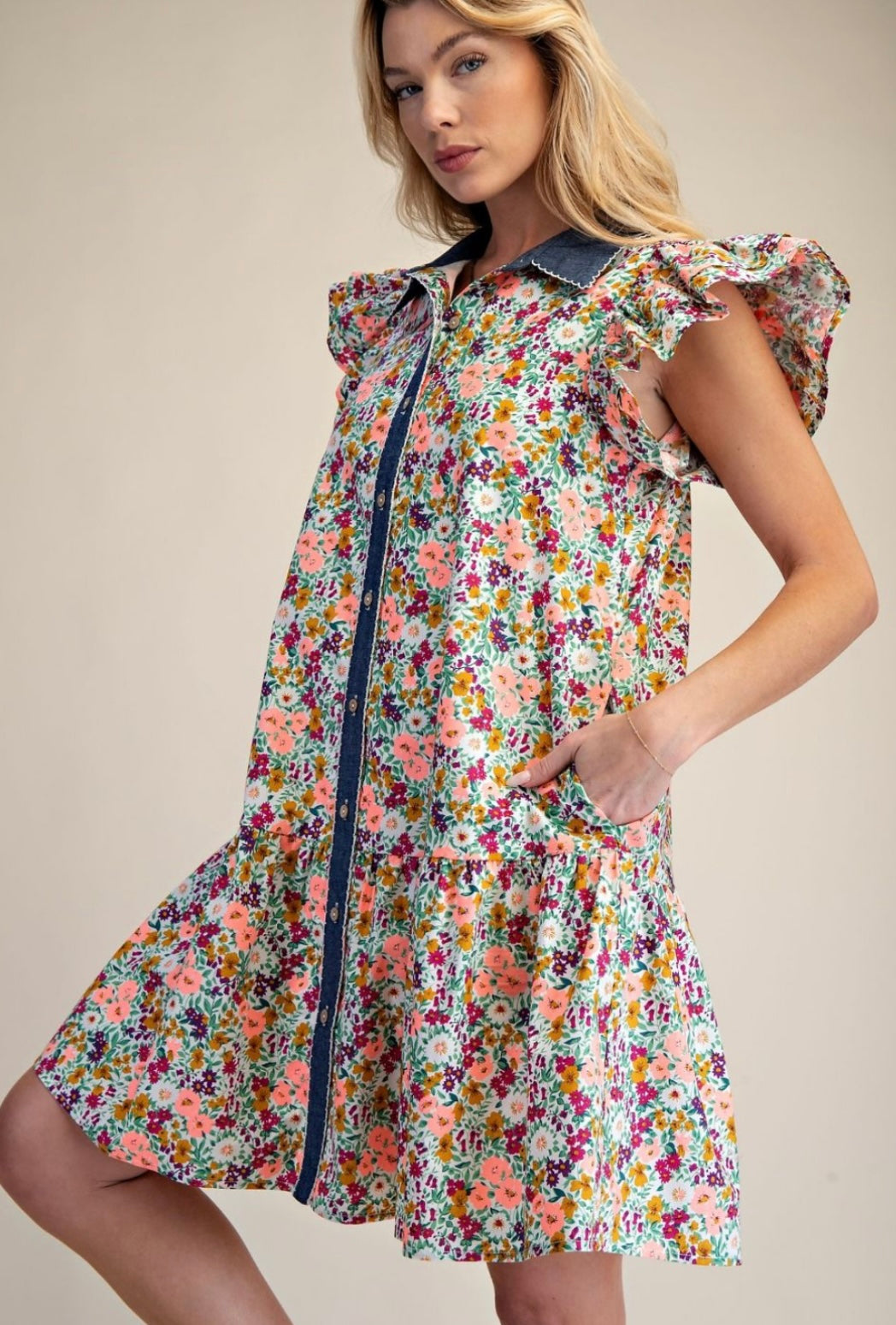 Denim Darling Floral Ruffle Dress
