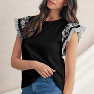 Black Floral Patchwork Flutter Sleeve Blouse